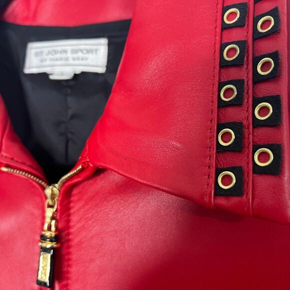 St. John Sport Red Leather Jacket Blazer Grommet Detailing Size Large - Picture 14 of 15